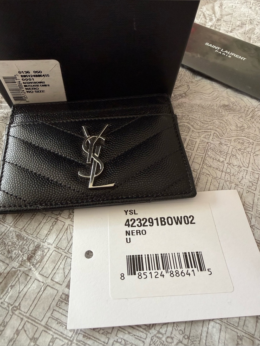 Black Saint Laurent Leather Card Holder with Silver YSL Logo